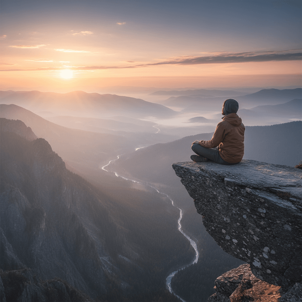 Solo figure on cliff overlooking Mallorca landscape