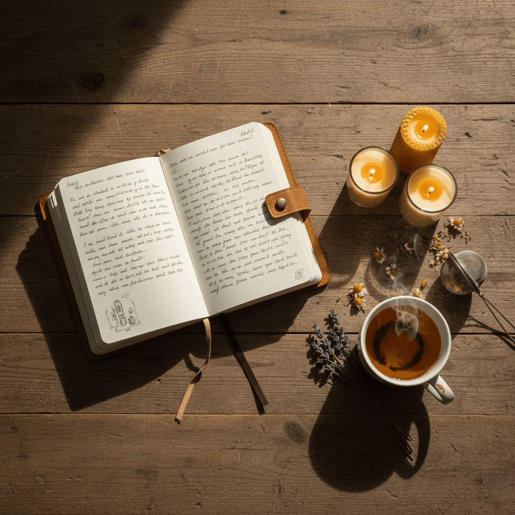 Journal and tea on a wooden table
