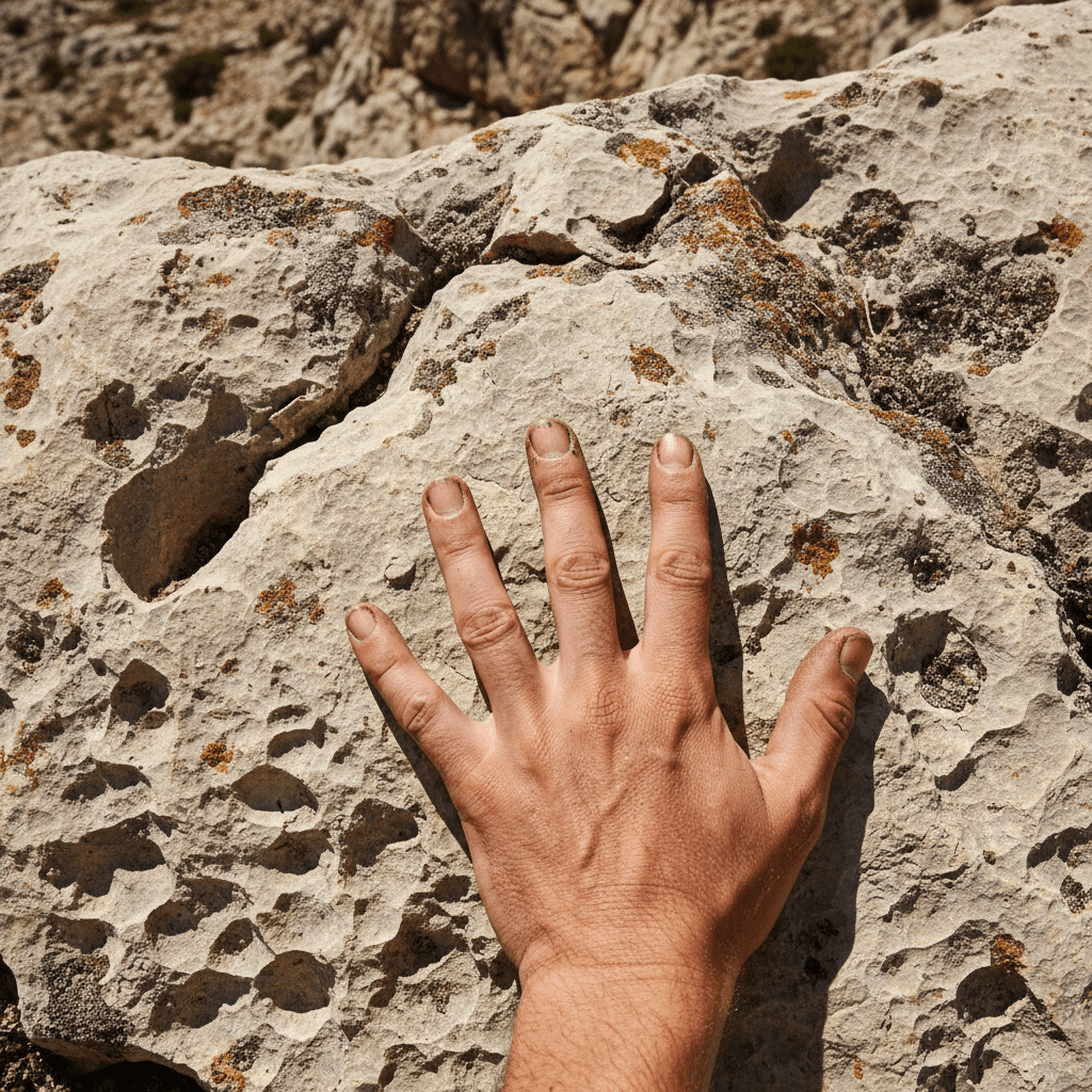Close-up of weathered stone and a hand resting on rock