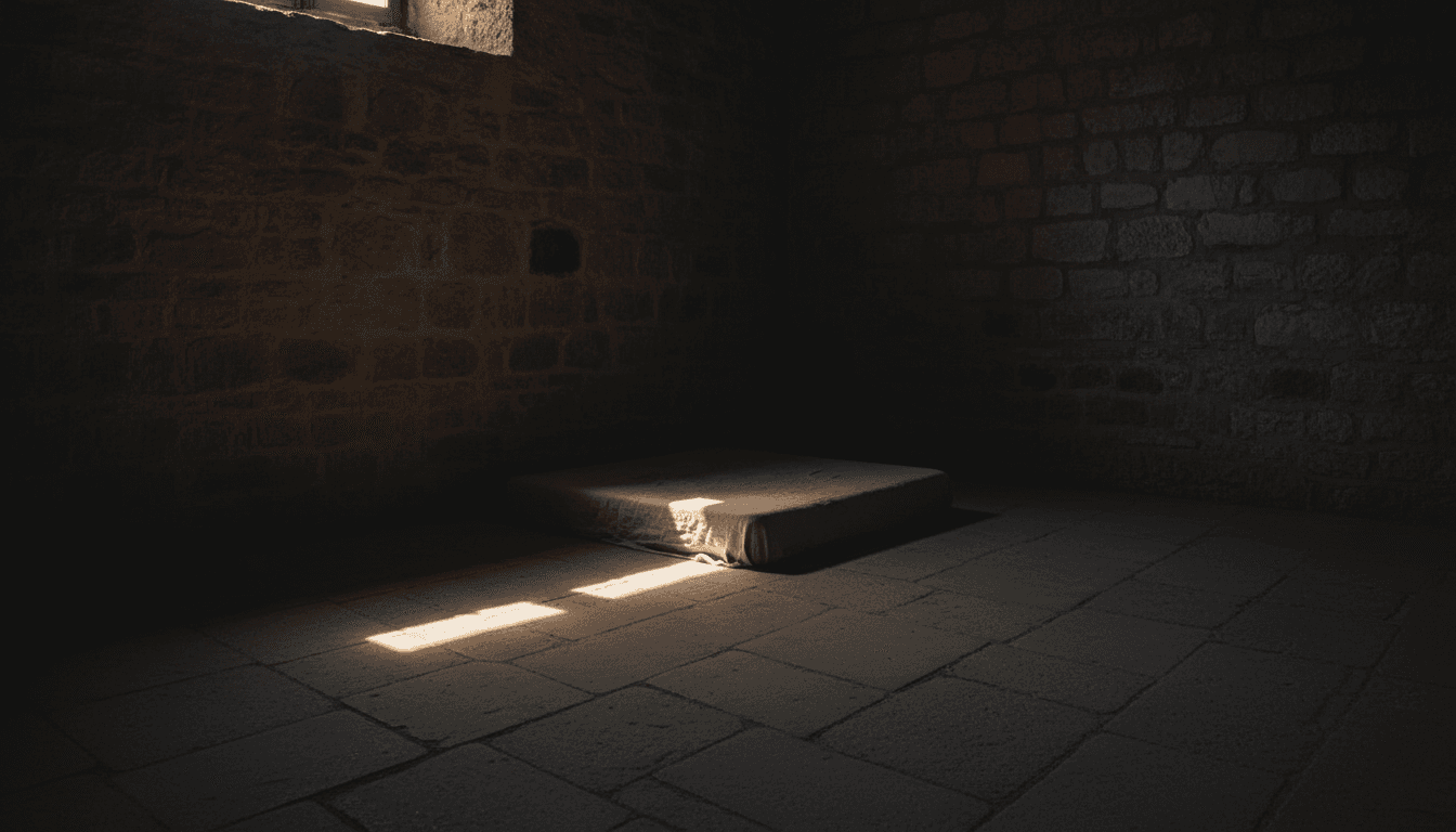 Silent darkness retreat room in Mallorca with a single beam of light