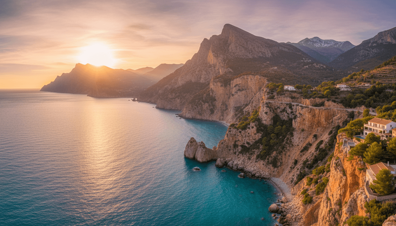 Dramatic Mallorca coastline with sea cliffs and mountains at sunset