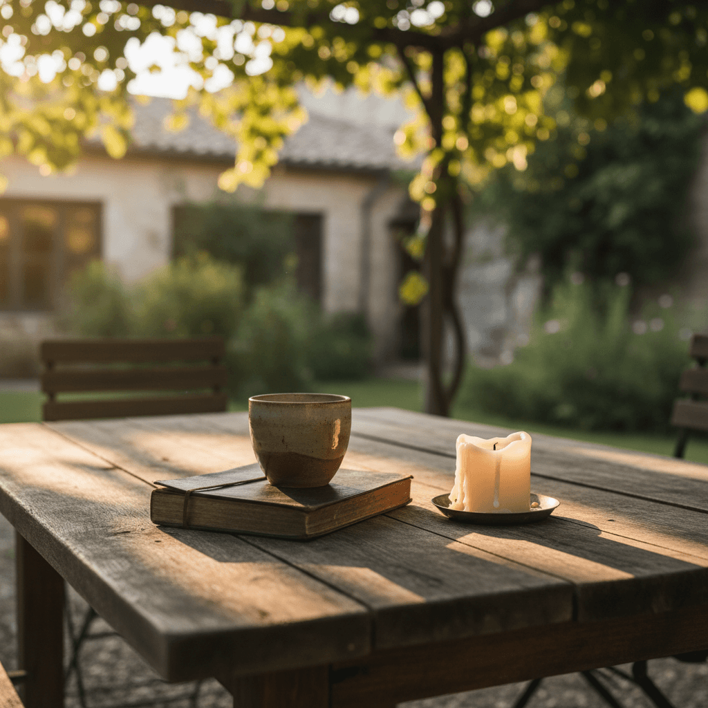 Morning light on a courtyard table