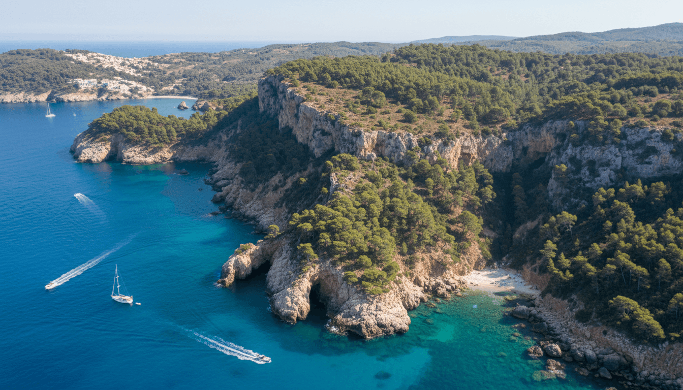 Aerial view of rugged Mediterranean coastline with pine forest and turquoise sea