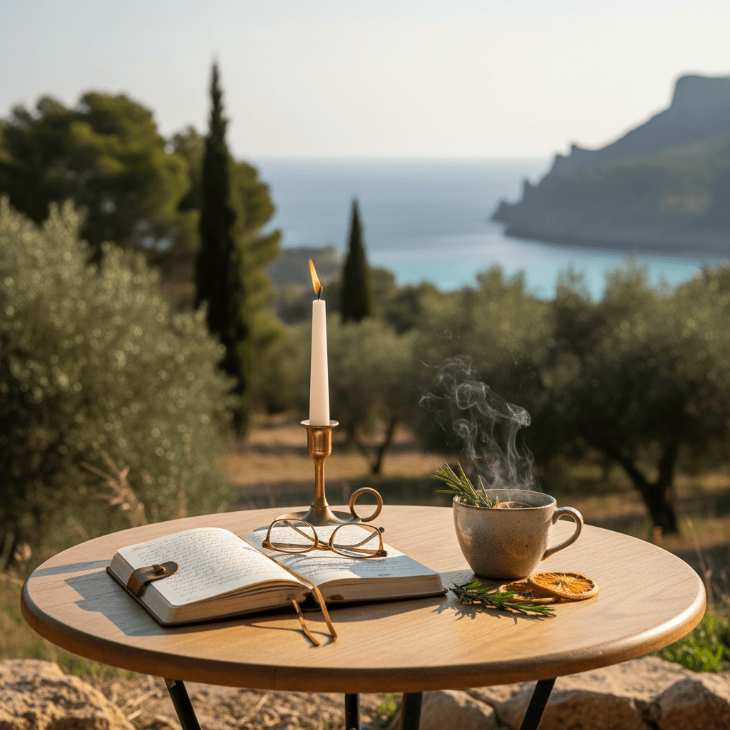 Candle, journal, and tea on a table in a serene Mallorcan setting, evoking tranquility.