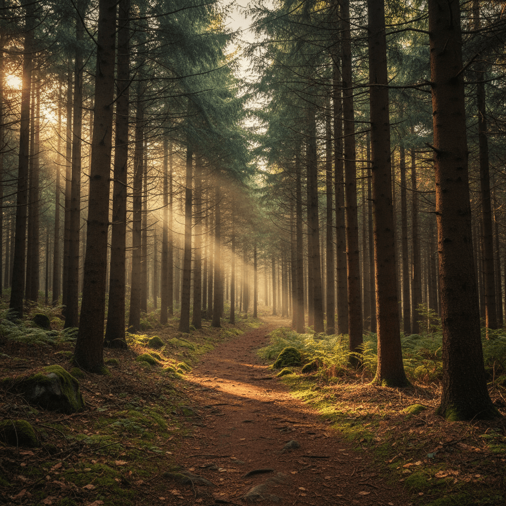 Dense pine forest with sunlight filtering through trees