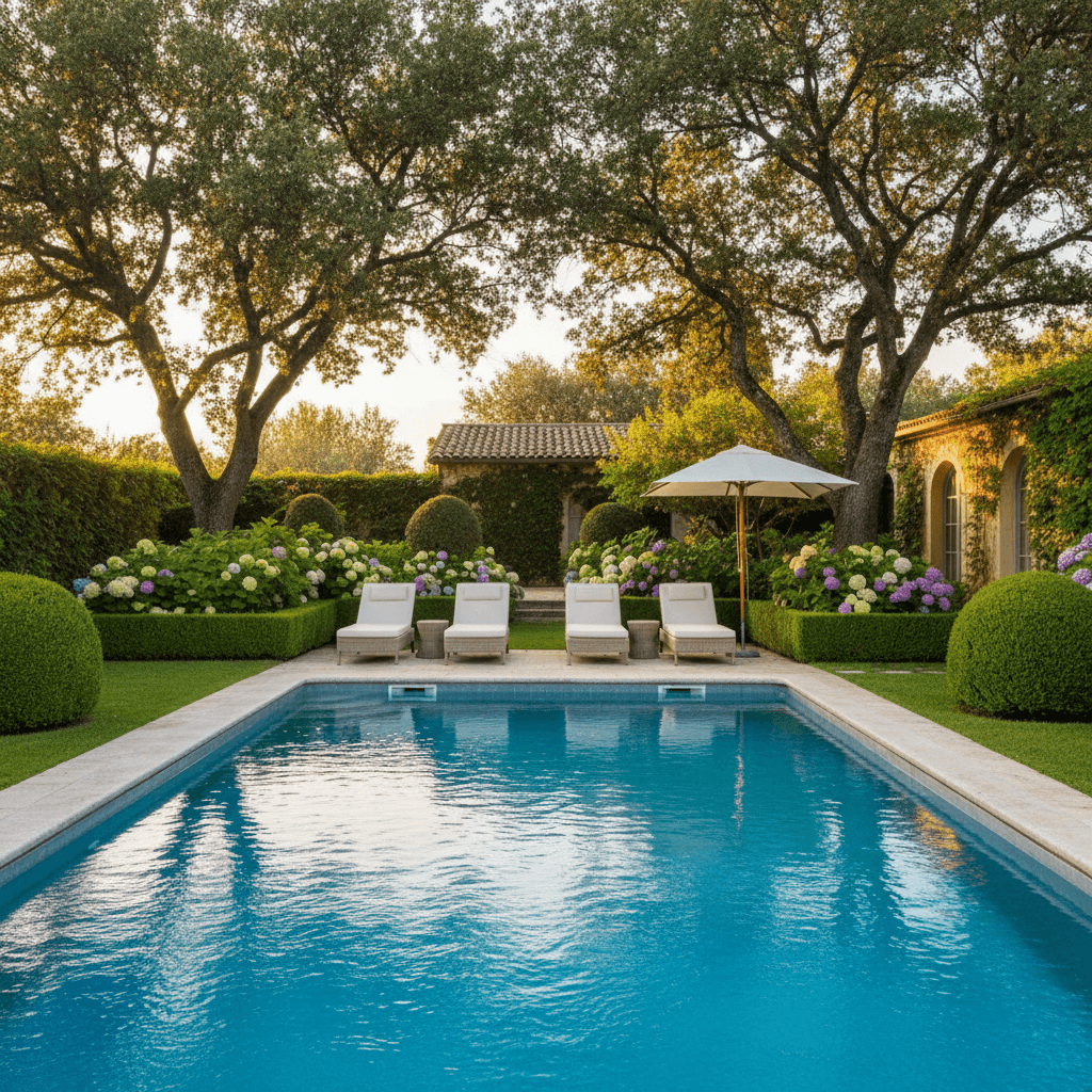 Swimming pool surrounded by garden with lounge chairs