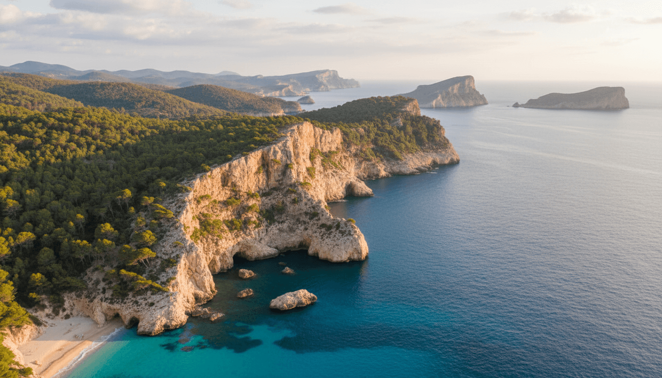 Serene coastal cliffs in Mallorca with forest landscape and natural daylight
