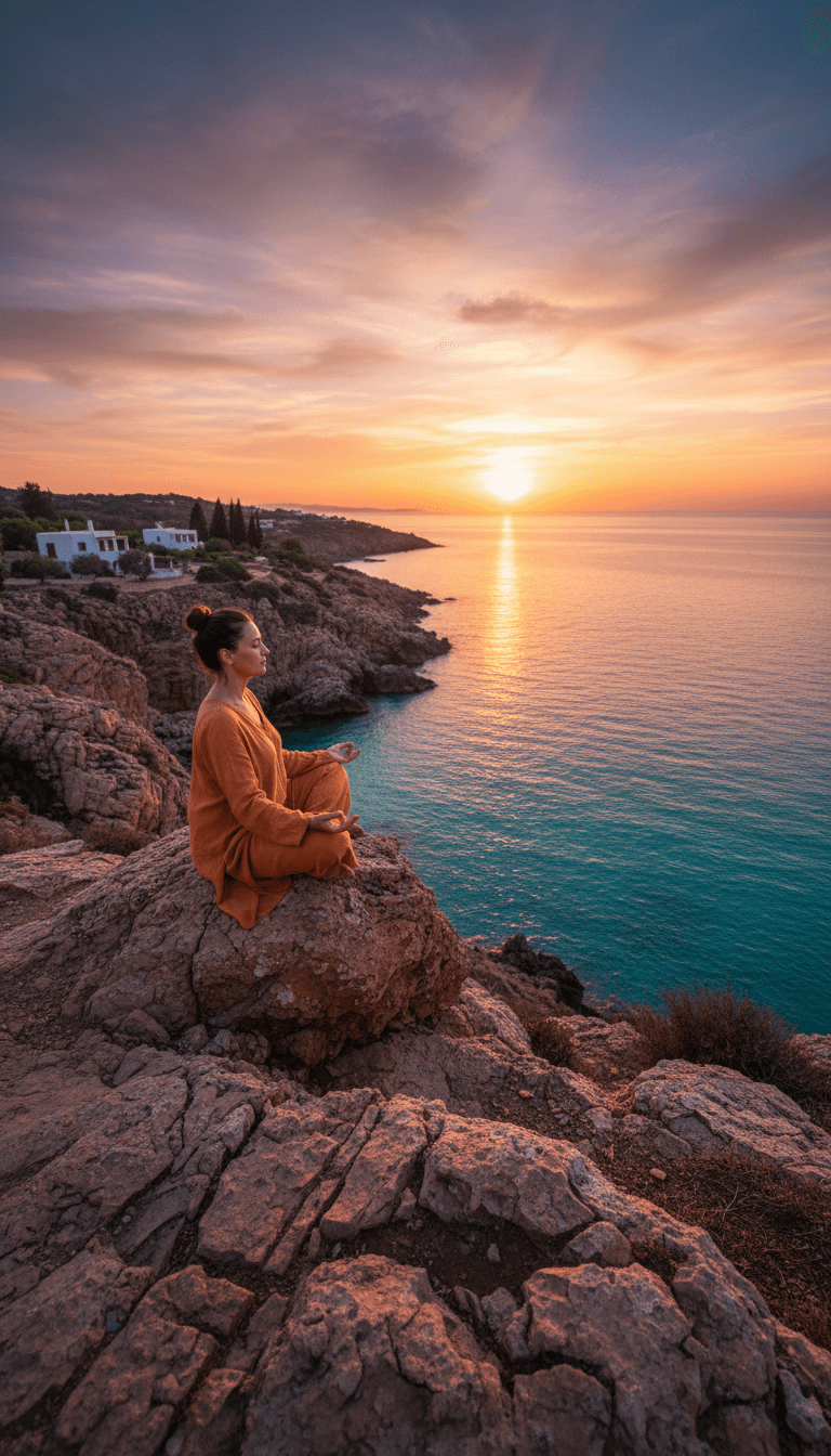 Person in meditation pose on coastal cliff overlooking the Mediterranean Sea at sunset
