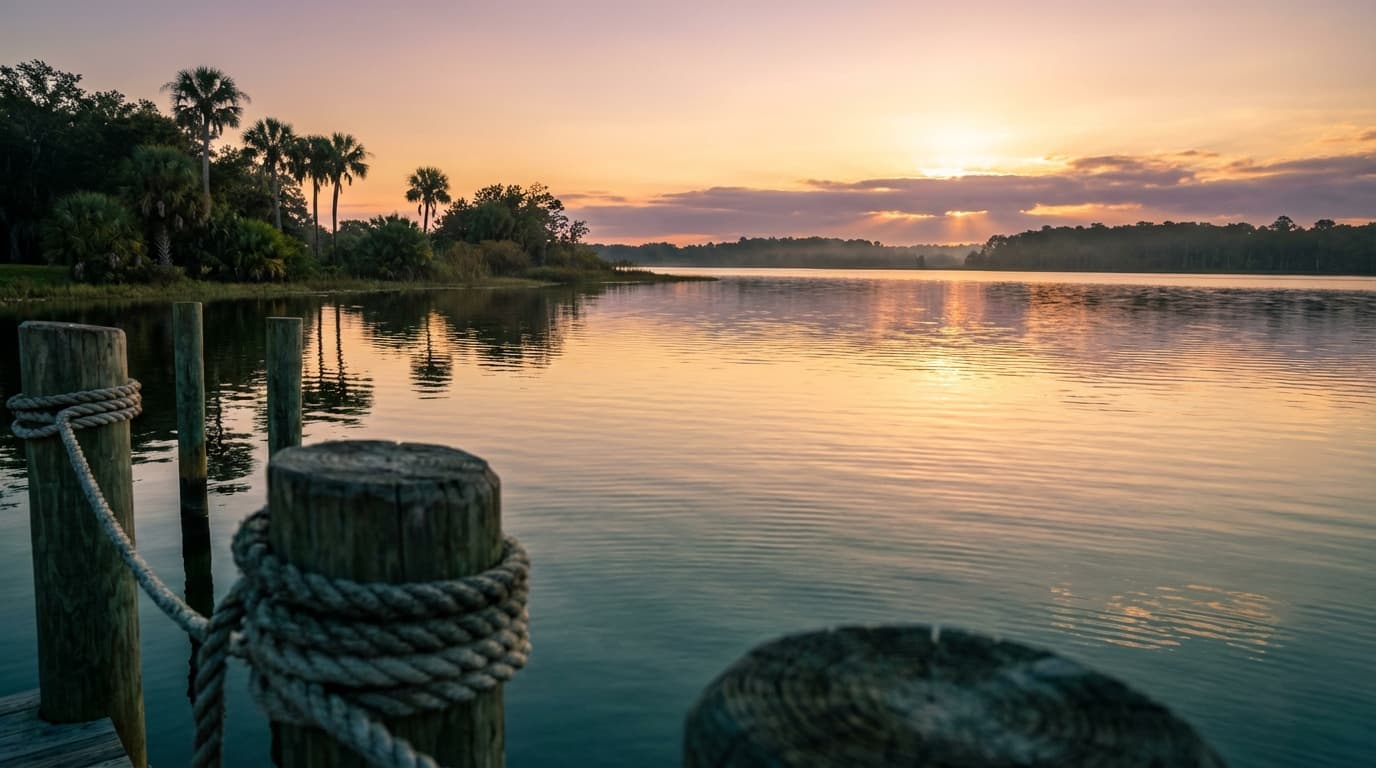 Golden hour lakeside dock extending into calm, reflective freshwater water with palm trees silhouetted against warm sunset sky