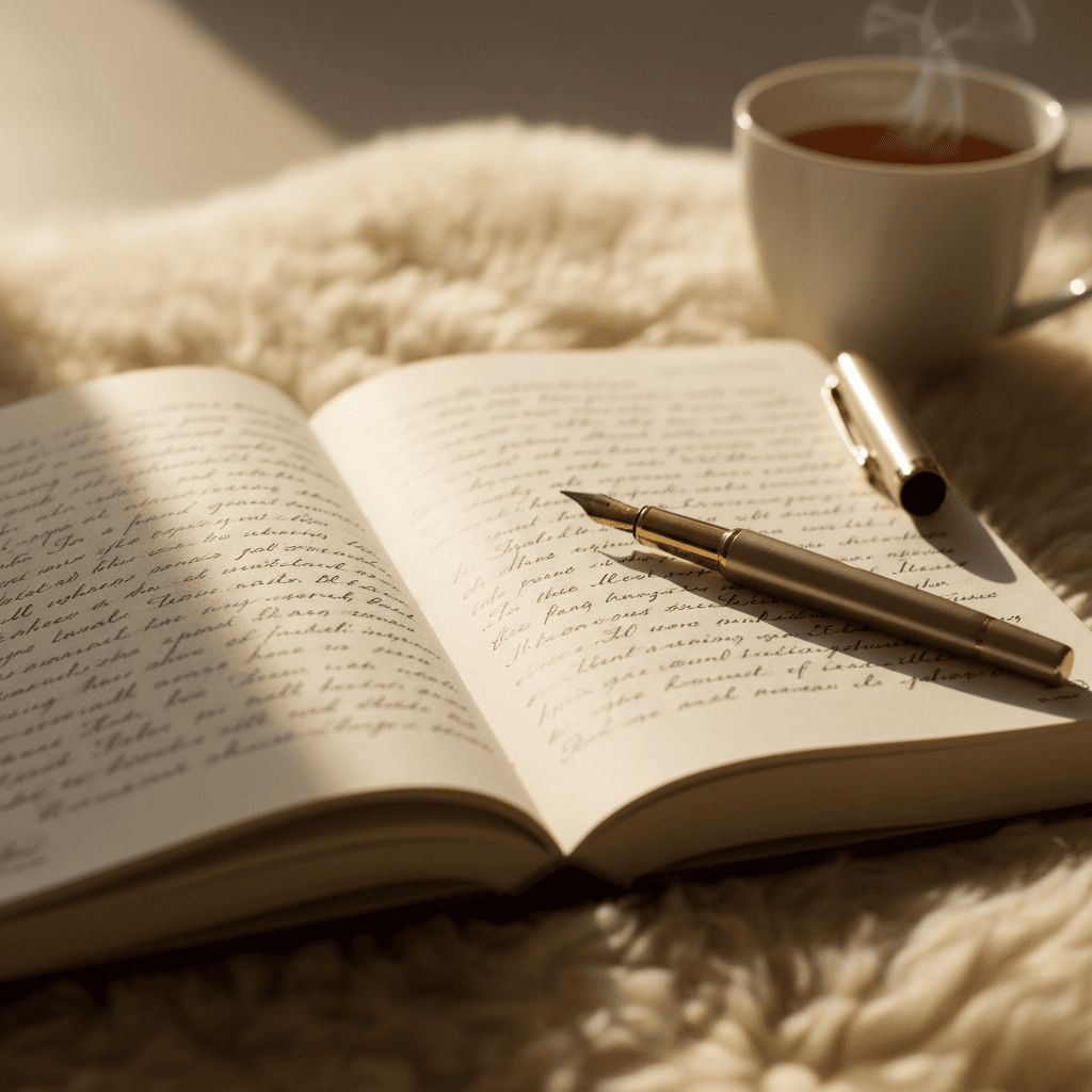 Close-up of open journal with handwritten notes and pen, illustrating personal reflection and emotional processing work