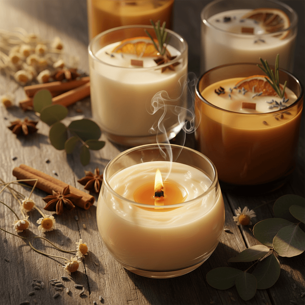Close-up of artisanal scented candles with glowing flames, natural wax textures, and dried botanicals in warm golden light