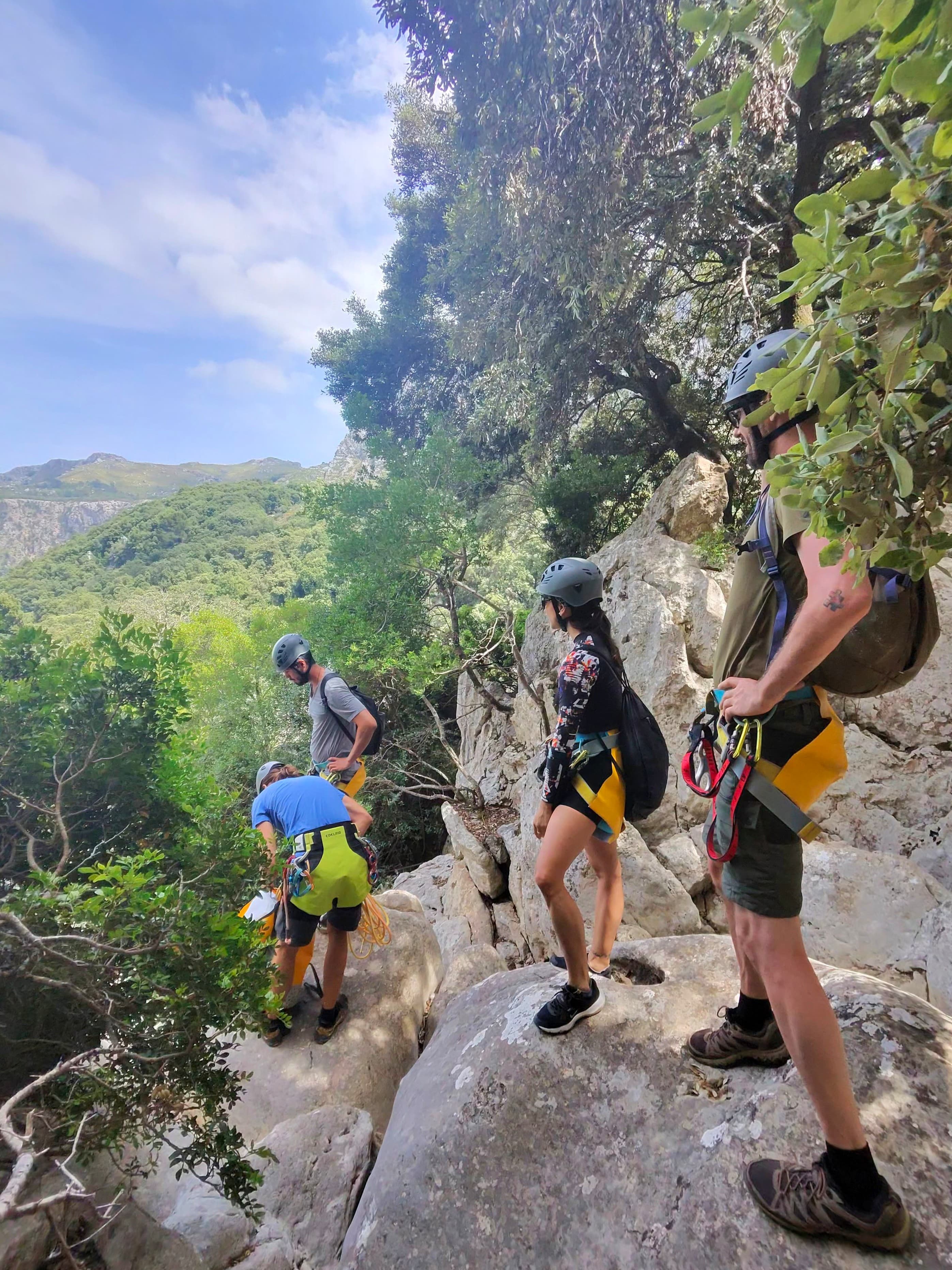 Climbers in safety gear stand on a rocky outcrop overlooking a lush green valley.