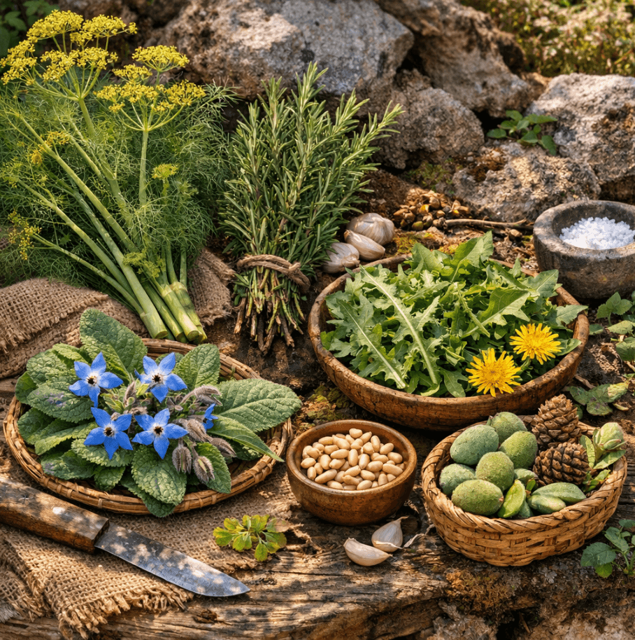 Fresh wild herbs, greens, borage flowers, pine nuts, and green almonds on rustic wood.