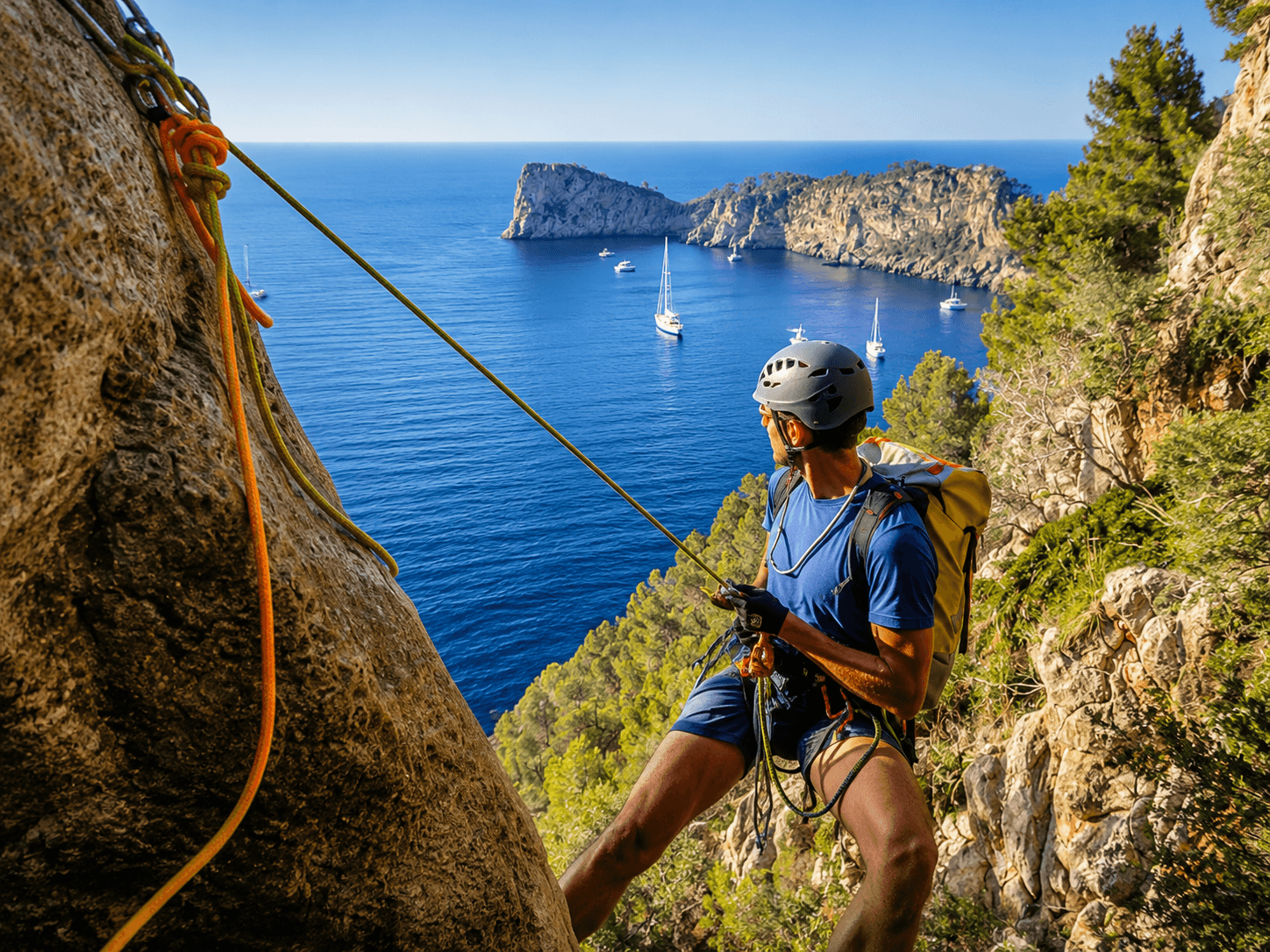 Rock climber rappelling down a cliff overlooking a blue ocean with several white sailboats.
