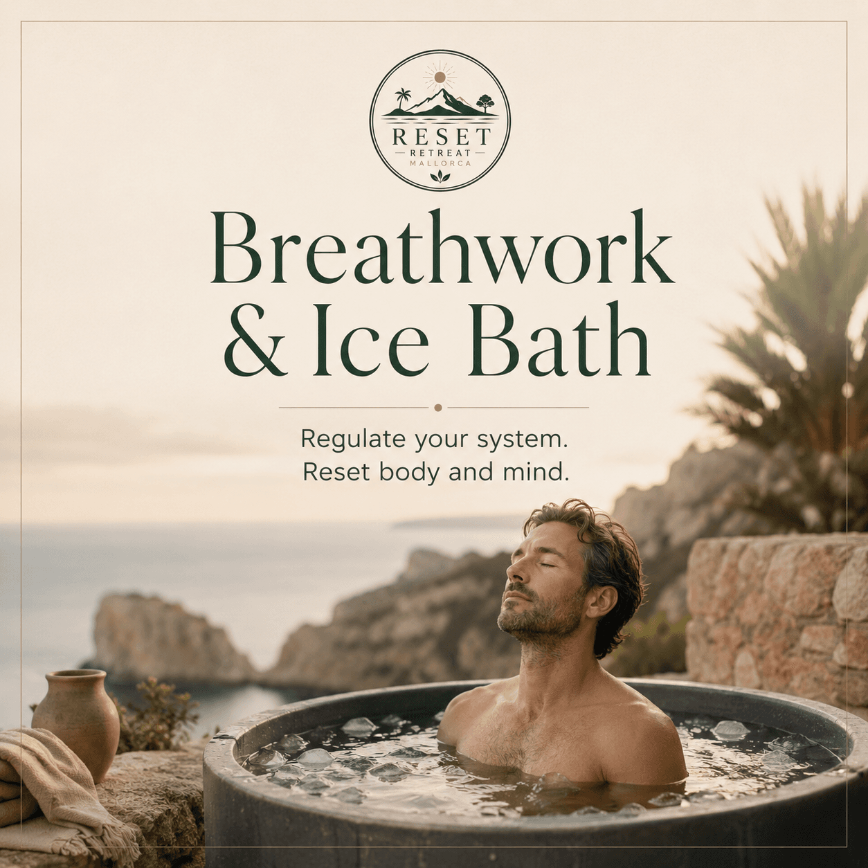 Man peacefully meditating in an outdoor ice bath overlooking a scenic coastal landscape at sunset.
