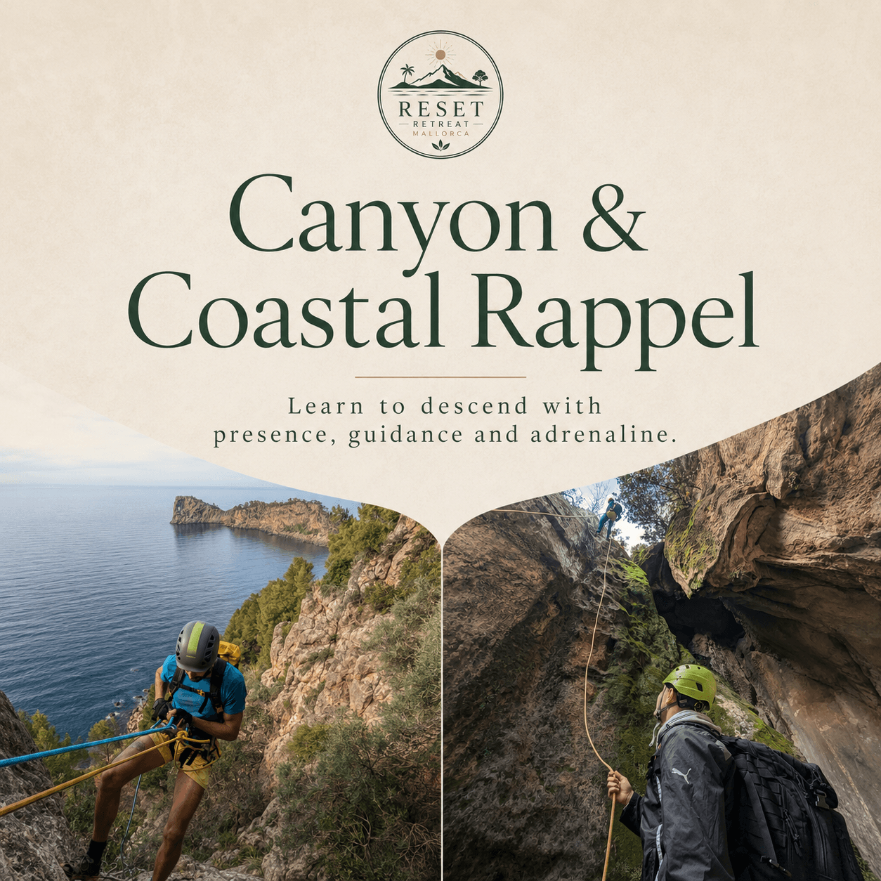 Adventurers rappelling down scenic coastal cliffs and mossy canyon walls for a Mallorca retreat.