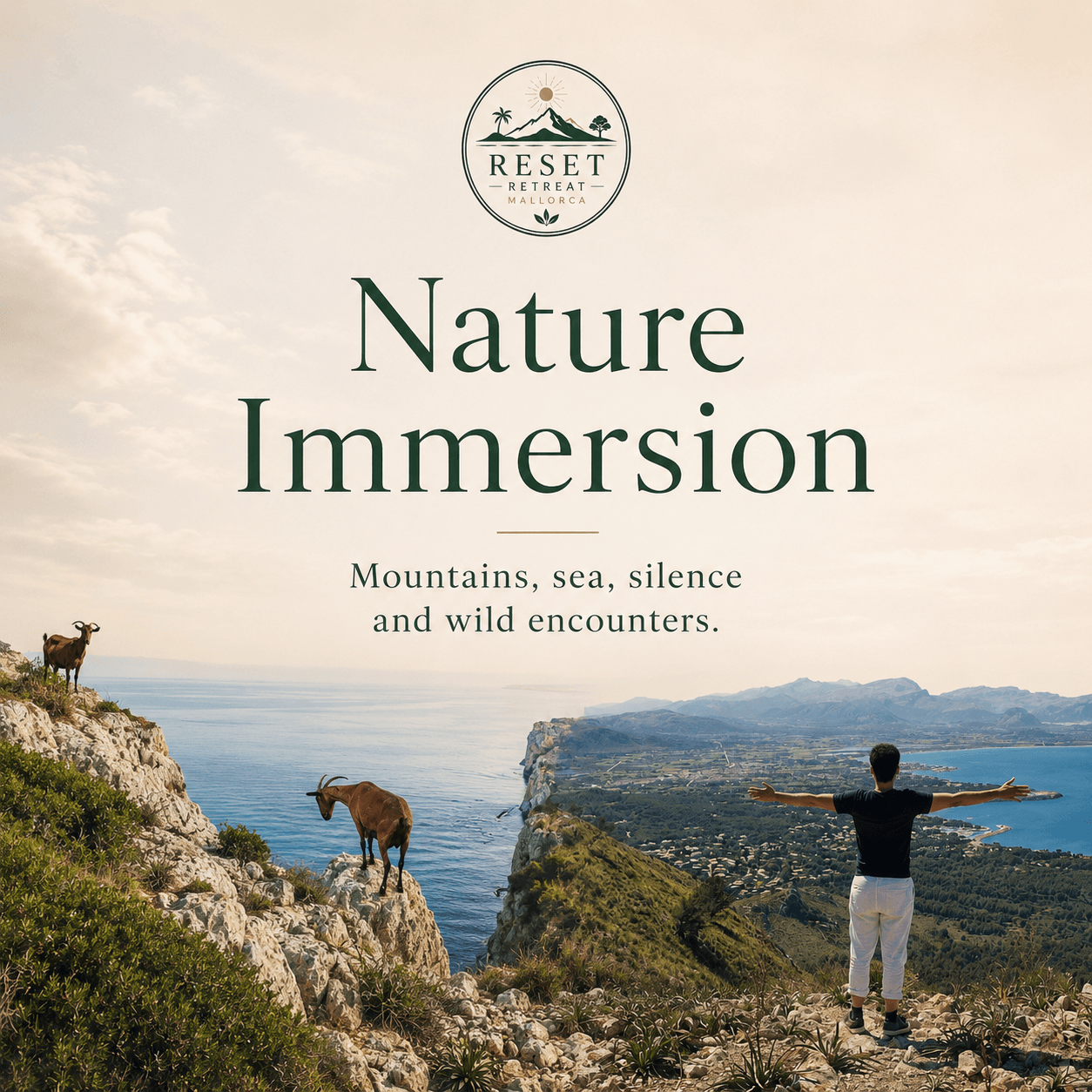 Man overlooking coastal mountains and sea with wild goats, featuring text Nature Immersion.